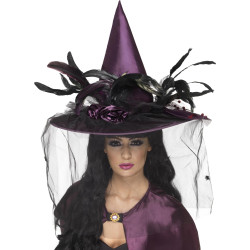 Čarodějnický klobouk s peřím a závojem fialový